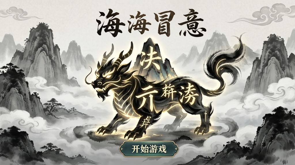 画面主体为一款国风汉字冒险手游的启动界面,中央是一个由汉字笔画构成的发光山海异兽,背景是水墨风格的山峦与云海,布局上标题位于画面上方居中,下方是开始游戏按钮,风格为国风奇幻数字艺术,细节上笔画纹理清晰、墨色晕染自然,画质高清干净无多余元素