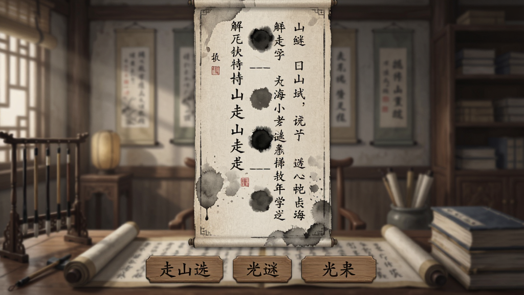 画面展示字走山海游戏内的解谜场景,屏幕中央是一段竖排的古文片段,其中留有几个空格,下方是可选汉字按钮,背景是古色古香的书房场景,布局为竖屏解谜界面,风格为国风水墨,细节上纸张纹理真实、墨迹晕染自然、按钮带有木纹质感,画质清晰干净无多余元素