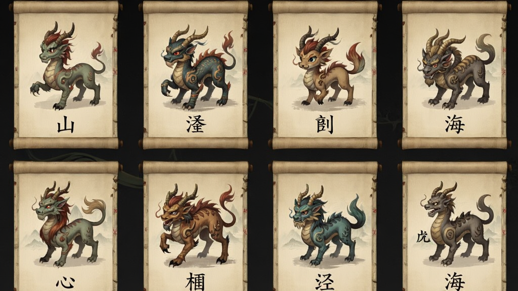 画面呈现字走山海游戏内的异兽图鉴界面,屏幕上排列着多张山海经异兽卡片,每张卡片上绘有风格化的异兽形象并标注对应汉字,布局为网格状图鉴展示,风格为国风插画,细节上异兽造型奇特、色彩古朴、卡片边缘有卷轴纹理,画质高清干净无多余元素