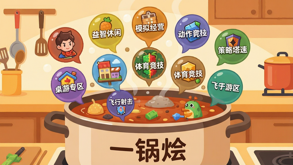 一张表现“一锅烩”多品类游戏聚合概念的插画,画面主体是一个大圆锅,锅里冒出多个不同颜色的小游戏图标气泡,气泡上分别标注角色扮演、益智休闲、模拟经营、动作冒险、体育竞技、策略塔防、赛车竞速、音乐游戏、桌游专区、飞行射击等字样,锅身印有“一锅烩”三个字,背景为暖色调厨房台面风格,扁平插画风,构图饱满,细节丰富,画质清晰,画面干净