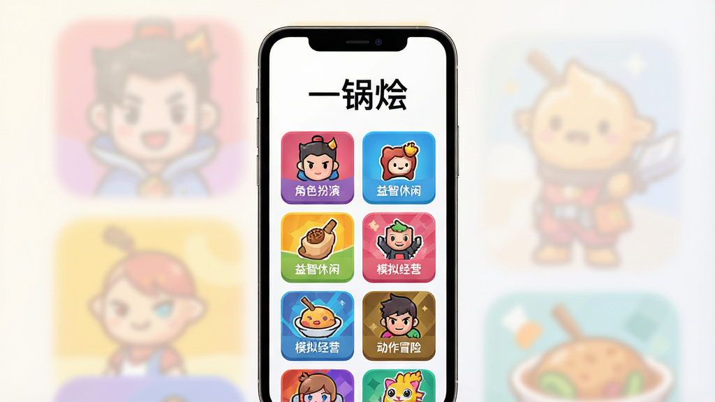 一张展示“一锅烩”软件主界面的手机屏幕插画,画面中央是手机竖屏,屏幕内呈现卡片式游戏分类布局,上方有“一锅烩”三个字的标题,下方排列角色扮演、益智休闲、模拟经营、动作冒险等多个彩色游戏图标卡片,背景为干净的浅色渐变,整体风格清爽现代,扁平化设计,细节清晰,画质高清,画面干净无多余元素