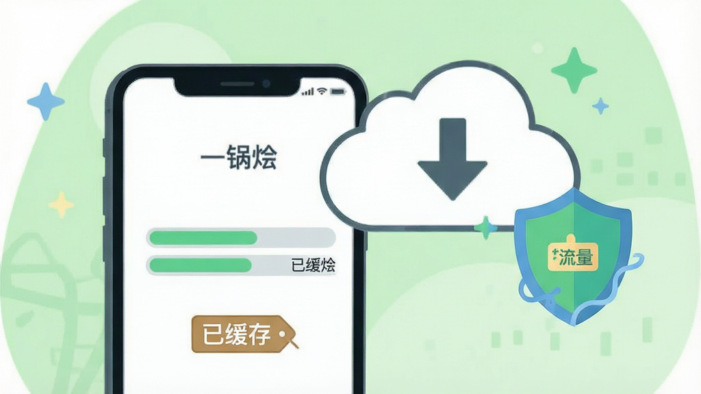 一张展示“一锅烩”离线缓存与流量节省功能的插画,画面主体是一部手机与一个云朵下载图标,手机屏幕内显示缓存进度条和“已缓存”标签,旁边有流量节省的盾牌符号,背景为浅绿色清新风格,扁平插画,构图简洁,细节清晰,画质高清,画面干净无多余元素
