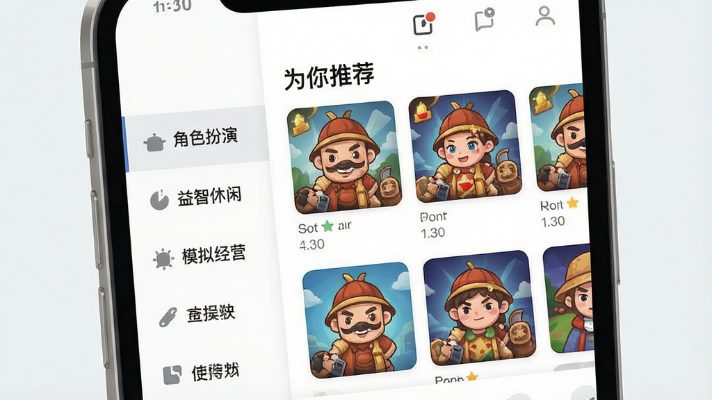 一张表现“一锅烩”分类导航与个性化推荐界面的插画,画面为手机屏幕特写,屏幕左侧是竖排分类导航栏,标注角色扮演、益智休闲、模拟经营等分类,右侧是网格状游戏卡片,顶部有“为你推荐”字样,背景为干净的白色与浅灰搭配,扁平UI风格,排版整齐,细节清晰,画质高清,画面干净