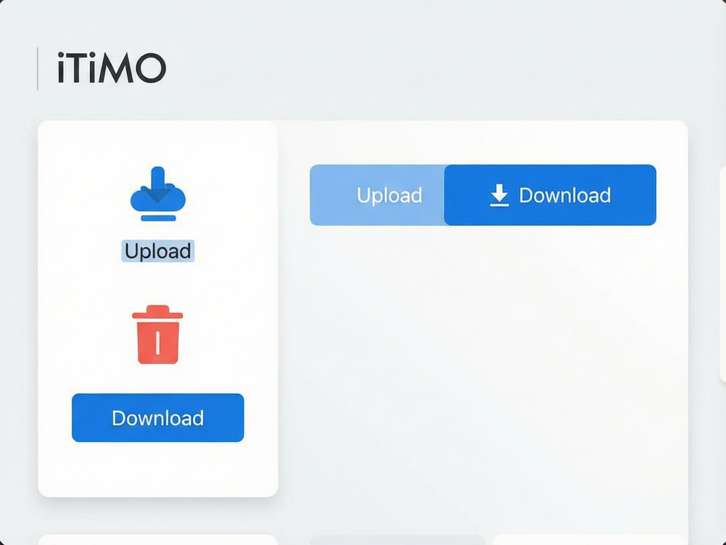 a clean and modern software interface screenshot of iTiMO, showing a file management panel with clear icons for upload download and delete, light gray background, blue accent buttons, minimalist layout, high resolution, no text overlay except button labels 