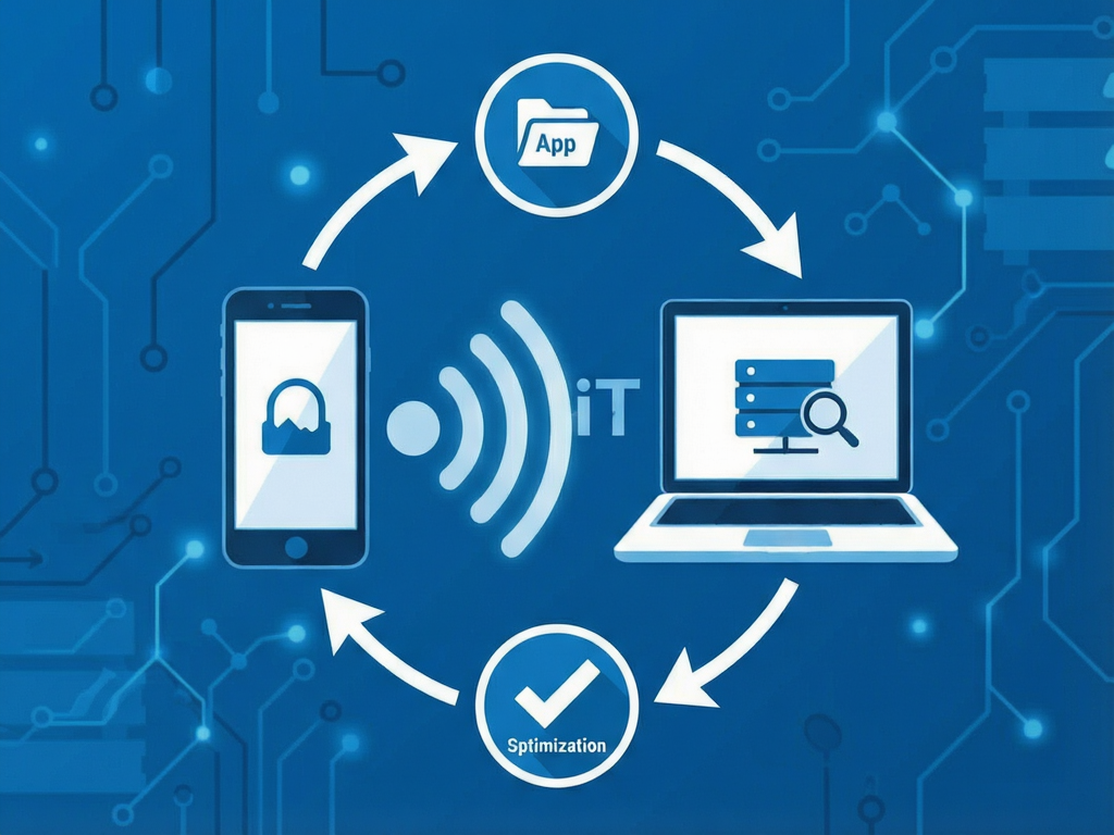 an infographic illustration explaining iTiMO features, showing a smartphone connected to a laptop via wifi waves, icons representing file transfer app installation and system optimization arranged in a circular flow, flat vector style, blue and white color scheme, clean lines, modern tech aesthetic, no extra decorative elements, high quality render
