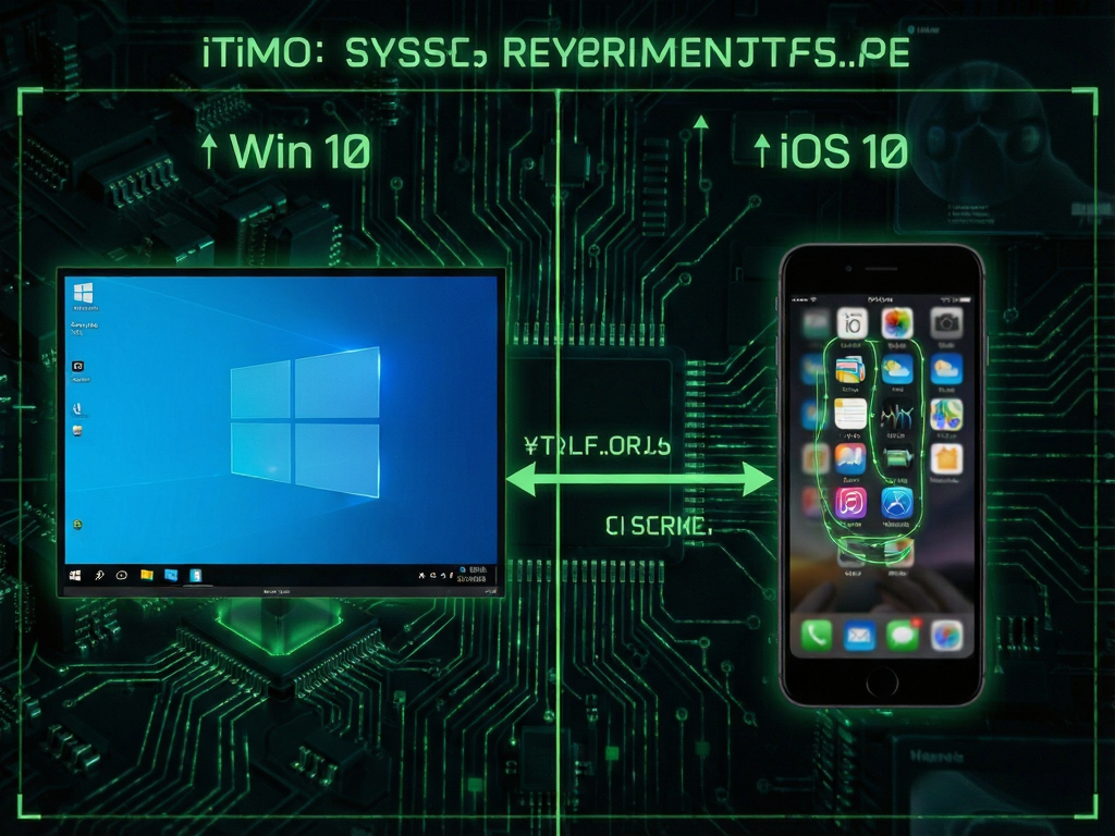 a technical diagram showing system requirements for iTiMO, split screen comparing Windows desktop and iOS phone, arrows indicating data flow and compatibility checks, dark mode interface with neon green highlights, futuristic cyberpunk aesthetic, detailed circuit board patterns in background, crisp text labels 