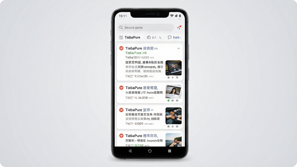 一张展示 TiebaPure 软件主界面的手机截图场景,画面中央是一部竖向摆放的安卓手机,屏幕中显示简洁的贴吧帖子列表界面,顶部有搜索栏,列表项包含标题与缩略图,整体布局干净清爽,背景为浅灰色渐变,风格为现代扁平化UI设计,细节包含圆角卡片、细线条图标,画质清晰锐利,干净无多余元素