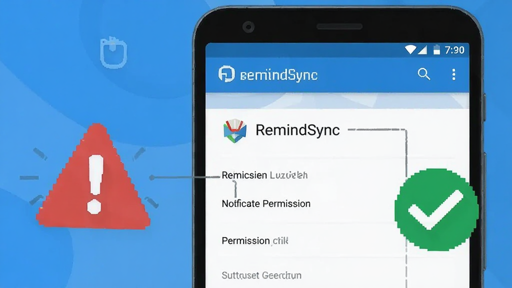 一部安卓手机屏幕显示 RemindSync 的通知权限设置页面,旁边有红色警示图标与绿色对勾图标形成对比,画面风格为简洁的信息图插画,配色以蓝白为主,构图清晰,画质干净无多余装饰