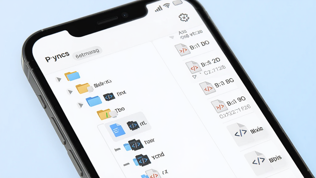WebCodeIDE文件管理界面示意图,手机屏幕内展示树状文件夹结构,文件夹图标与代码文件图标整齐排列,右侧显示文件大小与修改时间,界面采用浅色卡片式布局,风格清爽简约,背景为淡蓝色渐变,画质细腻干净