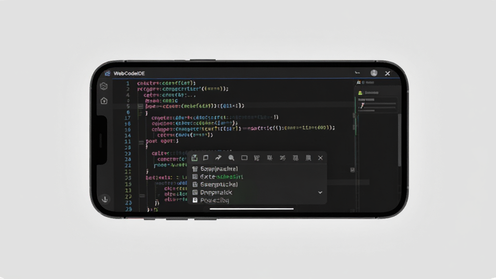 WebCodeIDE软件界面特写,手机横屏显示彩色代码编辑区,代码行带有语法高亮,屏幕下方弹出智能补全候选列表,界面风格简洁现代,深色主题,周围有柔和的光线勾勒手机轮廓,背景为纯色浅灰,画质干净清晰,无杂乱装饰