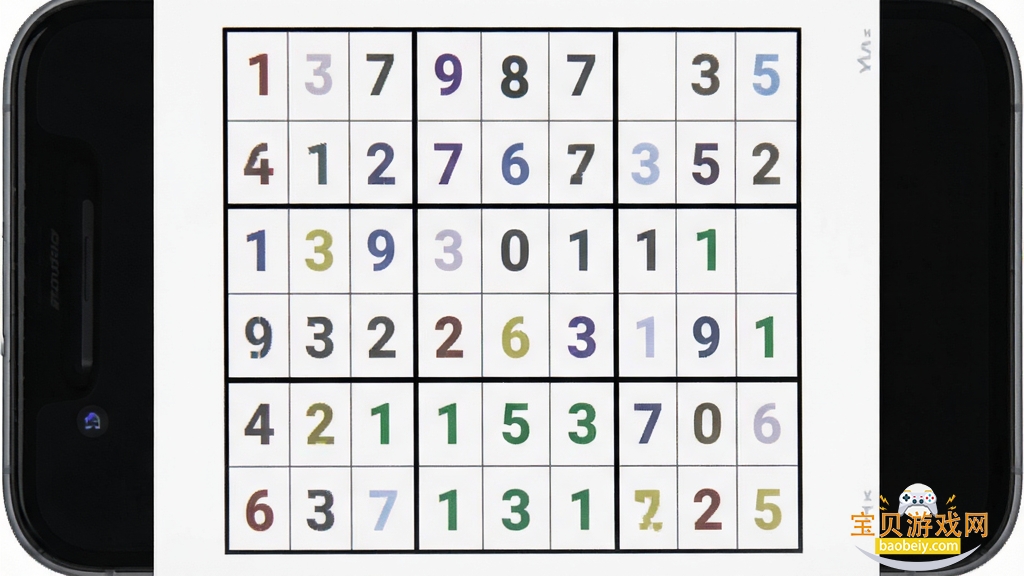 手机屏幕显示九宫格数独棋盘,格子内分布数字,界面干净清爽,主体居中,布局简洁,排版留白舒适,风格扁平化UI设计,细节上数字颜色区分明显,画质清晰,干净,无多余元素