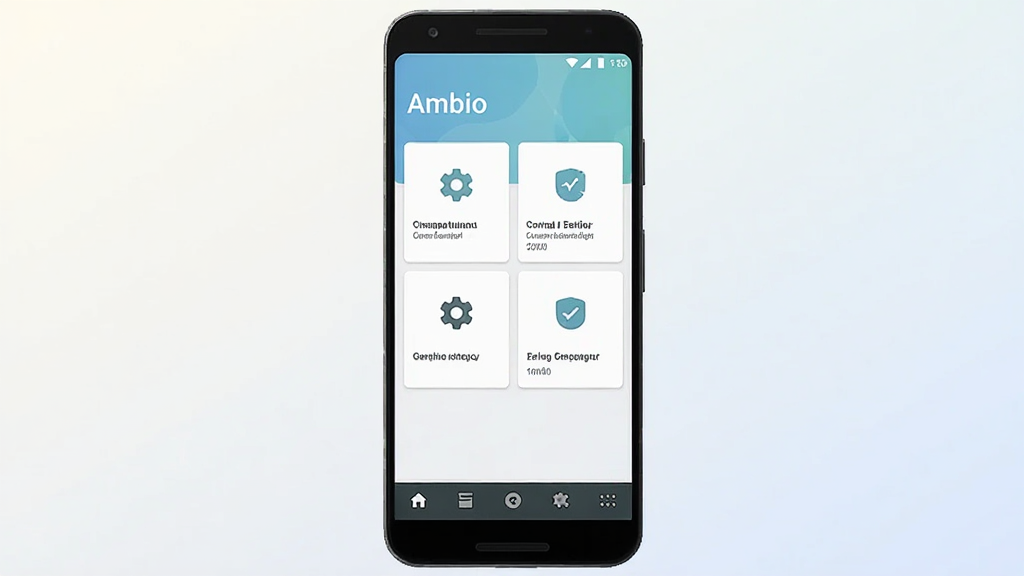 һ���ֻ�Ӧ�ý���չʾͼ������������һ��������׿�ֻ�����Ļ����ʾ��Ϊ Ambio �����������棬���涥����Ӧ������ Ambio �������в��Ǽ��Ĺ��ܿ�Ƭ���֣��ײ�Ϊ������������Ϊǳɫ���䣬������ɾ���ˬ���޶���װ��Ԫ�أ�������������ͼ���У��ʺ���������վչʾ