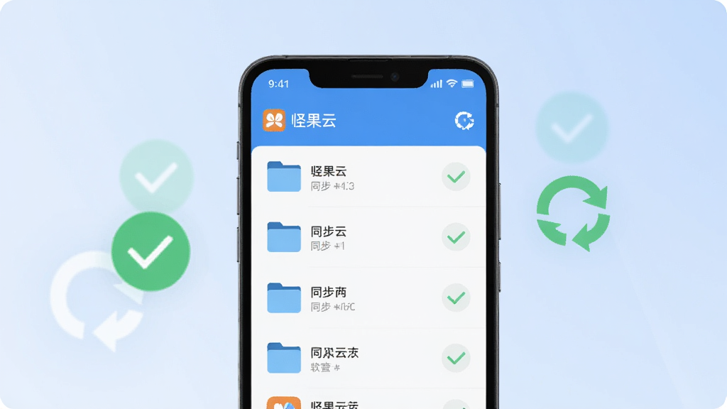一部安卓手机屏幕特写,屏幕中显示“坚果云”应用界面,列表内排列着多个文件夹与同步状态图标,旁边漂浮着绿色对勾与循环箭头,背景为柔和浅蓝色渐变,扁平化UI风格,构图居中,细节清晰,画质干净,无多余元素