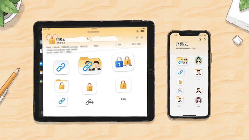 俯视角度拍摄的办公桌面,一台平板与一部手机并列显示“坚果云”共享文件夹界面,画面中分布着锁形图标、链接符号与人物头像小图标,浅色木质桌面背景,清新商务插画风格,排版整齐,细节丰富,画质清晰,画面干净