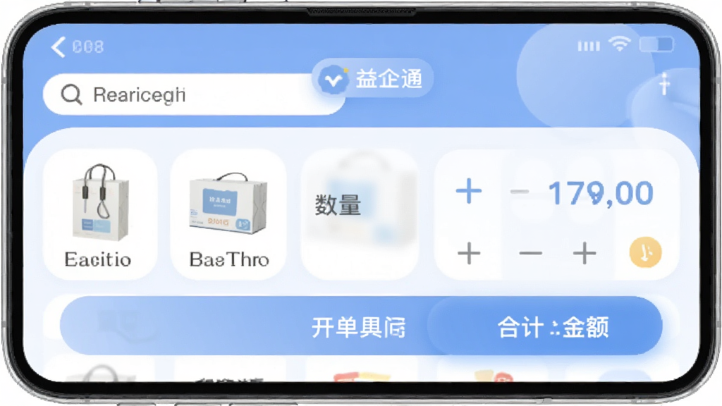 益企通移动开单功能展示,主体为手机界面中的商品选择面板与开单按钮,布局为上下结构排版,风格柔和圆角,细节包含商品搜索框、数量加减控件、合计金额高亮显示,画质清晰,画面干净,无多余元素