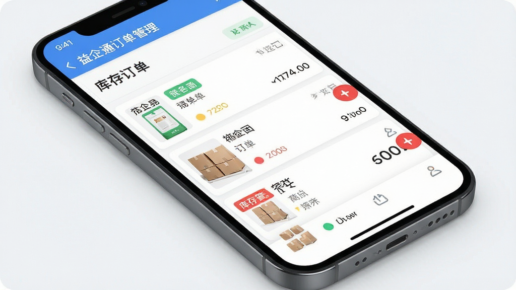 益企通订单管理界面展示,主体为手机屏幕中的订单列表与库存数字,布局为左右分栏排版,风格清爽浅色,细节包含订单状态标签、商品缩略图、库存预警红色角标,画质干净清晰,无多余装饰元素