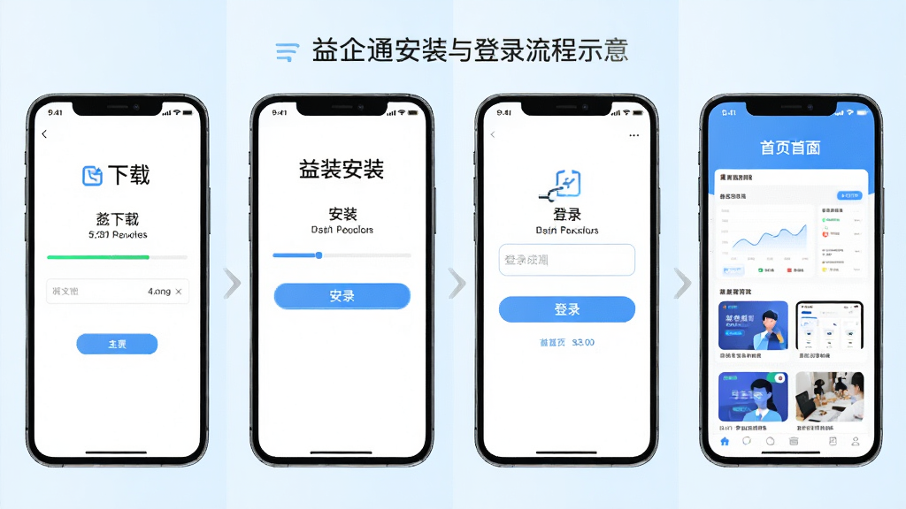 益企通安装与登录流程示意,主体为手机屏幕依次展示下载、安装、登录、首页四个画面,布局为横向排列的四格排版,风格清新浅色,细节包含安装进度条、登录输入框、首页看板缩略图,画质清晰,画面干净,无多余元素