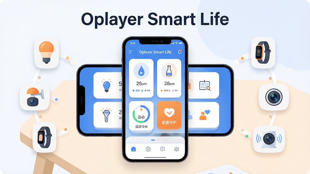 ����������һ�������ֻ�����Ļ����չʾ��Oplayer Smart Life��Ӧ�������棬������������豸��Ƭ���˶�����Բ�����ͥ�ػ�ͼ�ꣻ���ֲ��þ��жԳƹ�ͼ���ֻ�������ǳɫ�����Ϸ�����Χ�������ܵ��ݡ��ֻ�������ͷ��Сͼ�ꣻ�Ű���ˬ�������⡰Oplayer Smart Life�����ڻ����Ϸ������Ϊ�ִ���ƽ��UI�廭����ɫ������Ϊ������׺������ɫ��ϸ�ڰ���Բ�ǿ�Ƭ�������Ӱ���������ͼ�ꣻ���ʸ��壬�ɾ��޶���Ԫ�ء�