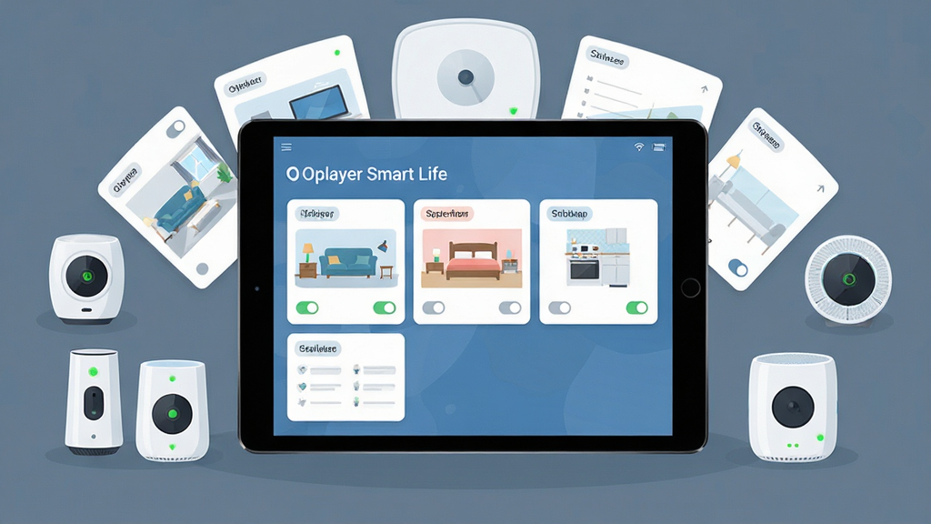 ����������һ̨ƽ��������̨���ܼҾ��豸��ƽ����Ļ��ʾ��Oplayer Smart Life���豸������壬��������п��������ҡ������������鿨Ƭ������Ϊ�豸����ƽ�������չ�����Ű�ͻ���������λ�ã����Ϊ�Ƽ��б�ƽ�廭�����ҵ�ɫ�����ɫ��Ƭ��ϸ�ڰ����豸����С�̵㡢�����ǩ����࿪��ͼ�ꣻ���ʸ��壬�ɾ��޶���Ԫ�ء�