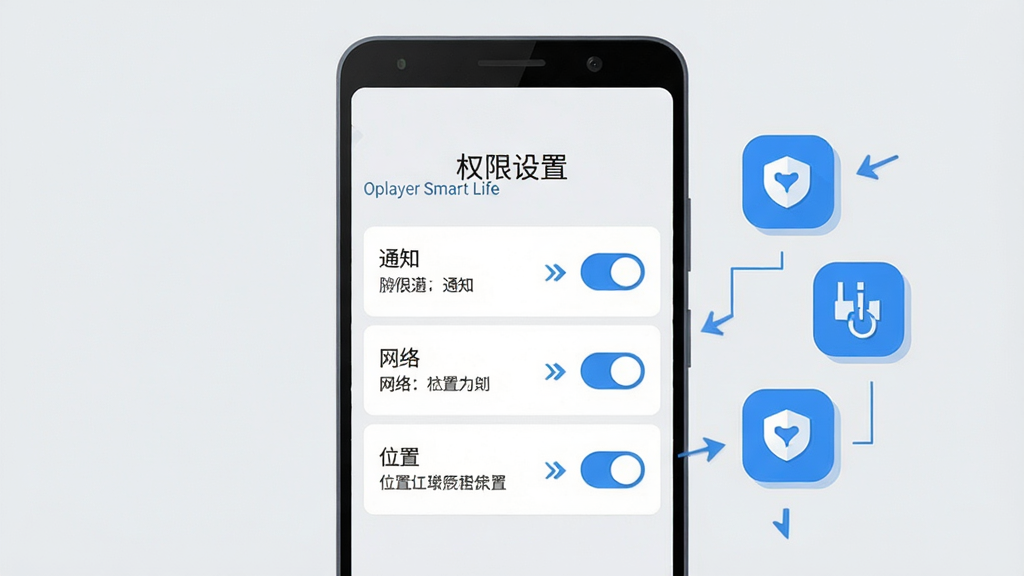 ����������һ����׿�ֻ�����Ļ��ʾ��Oplayer Smart Life��Ȩ����������ҳ��ҳ���г�֪ͨ�����硢λ������Ȩ�޿��أ�����Ϊ�ֻ��������У��Ҳ�Ư��Ȩ��ͼ�ꣻ�Ű��࣬���⡰Ȩ�����á�λ�ڶ��������Ϊ��ƽ���Ƽ��廭��ǳ�ұ�������ɫ�������أ�ϸ�ڰ���Ȩ��˵��С�֡�����״̬��������ͷ�����ʸ��壬�ɾ��޶���Ԫ�ء�