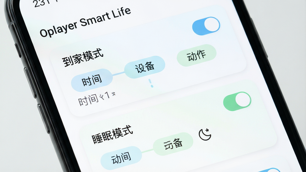 �����������ֻ���Ļ��д����ʾ��Oplayer Smart Life����������ҳ�棬ҳ�����С�����ģʽ����˯��ģʽ�������Զ�����Ƭ����Ƭ�ڰ���ʱ�䡢�豸����������������ǩ������Ϊ�������еĿ�Ƭ�б����Ű����׳��㣻���Ϊ����ǳɫUI��ƣ��׵��䵭���뵭�̵�׺��ϸ�ڰ���Բ�ǿ��ء����������ߡ�������ֱ�ǩ�����ʸ��壬�ɾ��޶���Ԫ�ء�