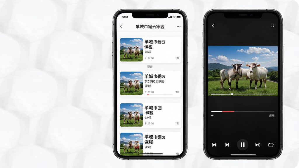 羊城巾帼云家园手机端课程学习页面展示,主体为手机屏幕内课程列表与播放界面,布局居中,排版清晰,风格简洁现代,细节包含课程封面与进度条,画质高清,干净无多余元素