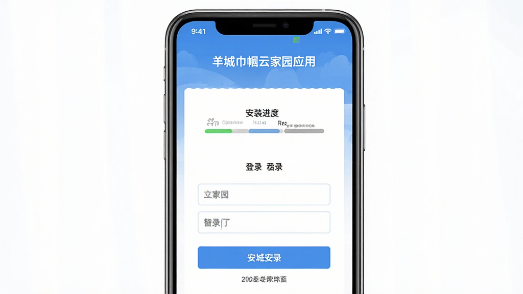 羊城巾帼云家园应用安装与登录界面示意,主体为手机屏幕显示安装进度与登录表单,布局上下结构,排版整齐,风格清爽扁平,细节包含按钮与输入框,画质清晰,干净无多余元素