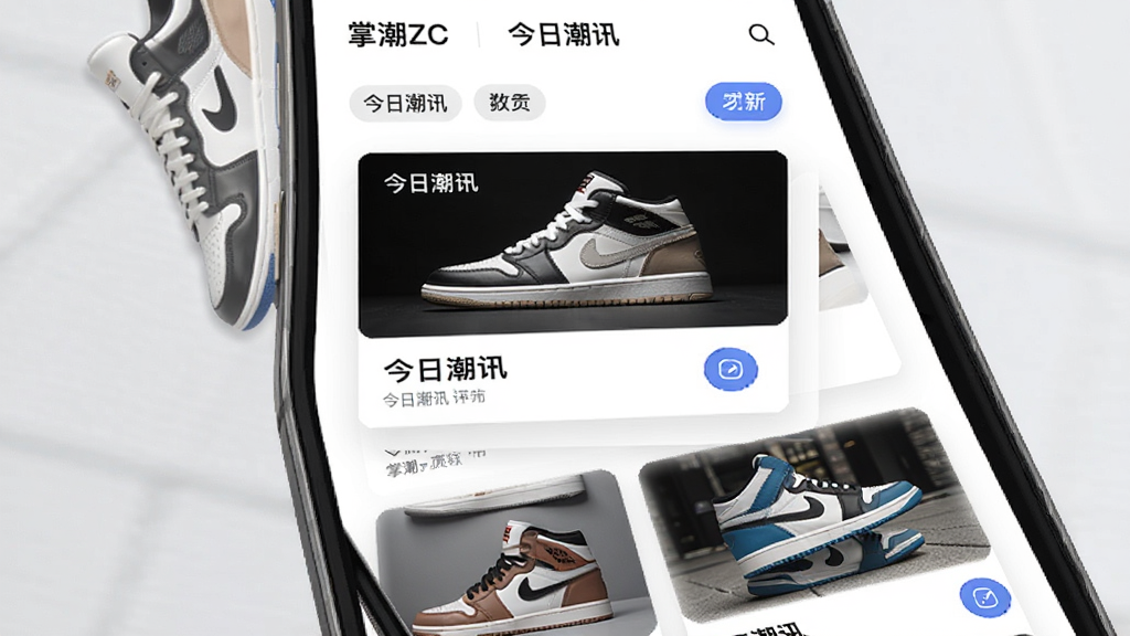 掌潮ZC潮流资讯聚合页面,手机界面中排列多张资讯卡片,卡片内含球鞋图与标题文字