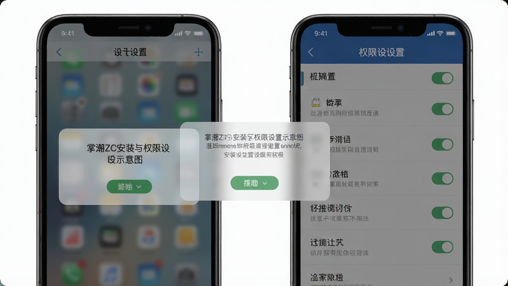 掌潮ZC安装与权限设置示意图,手机屏幕展示权限授权弹窗与设置列表,布局为上下分栏,风格简洁商务,细节包含开关按钮与提示文字,画质清晰,干净无多余元素