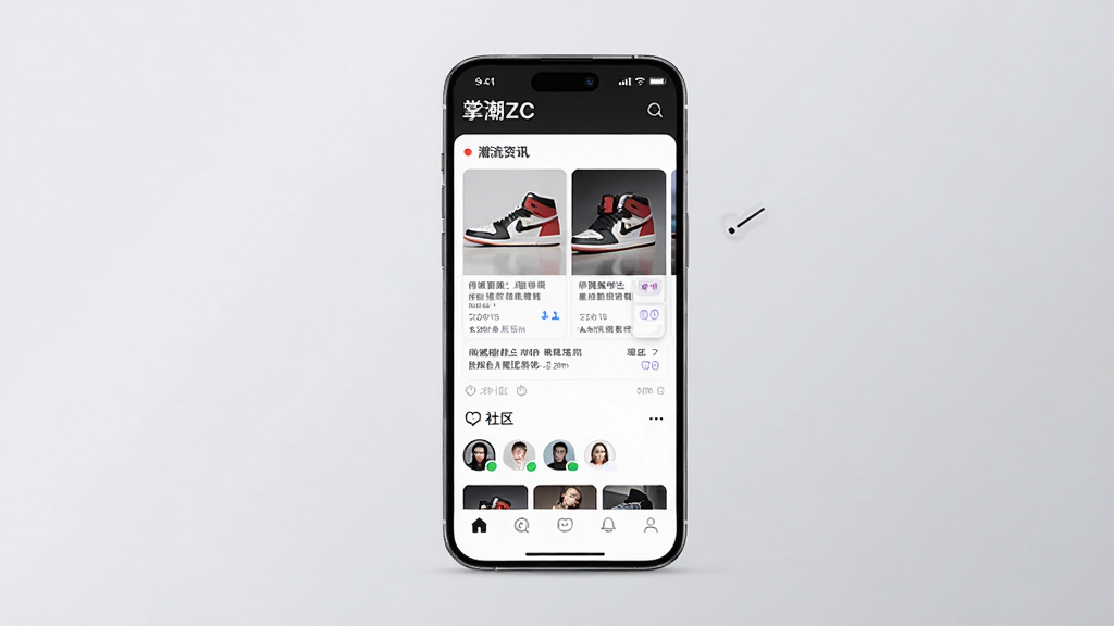 掌潮ZC应用主界面展示,手机屏幕居中放置,画面呈现潮流资讯信息流与社区互动模块,背景为浅灰色渐变,排版干净整齐,风格现代简约,细节包含球鞋图片卡片、头像列表与底部导航栏,画质清晰锐利,干净无多余元素