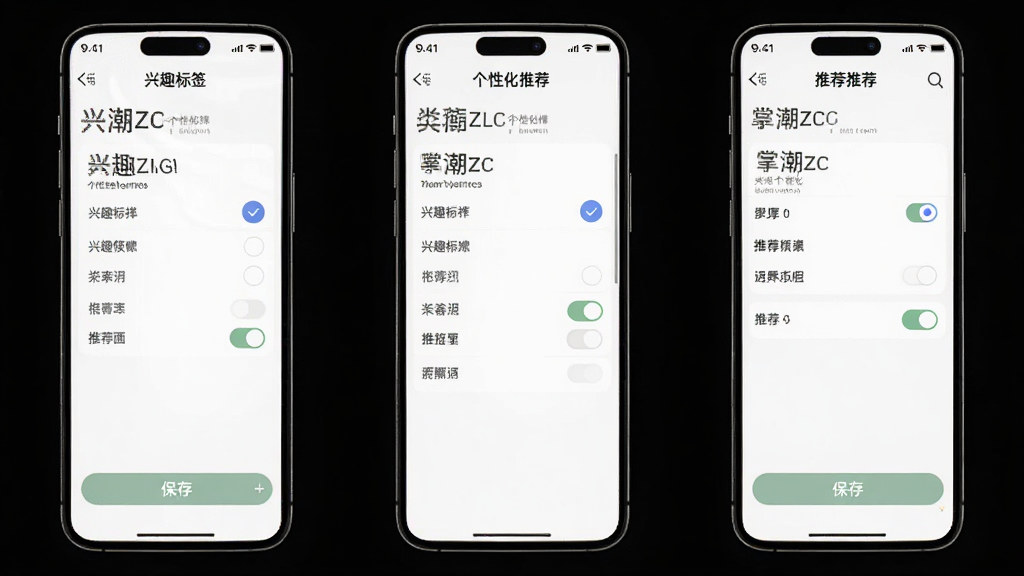 掌潮ZC个性化推荐设置页面,手机界面展示兴趣标签选择与推荐开关,布局为列表式排列,风格简洁素雅,细节包含多选按钮与保存提示,画质高清,干净无多余元素