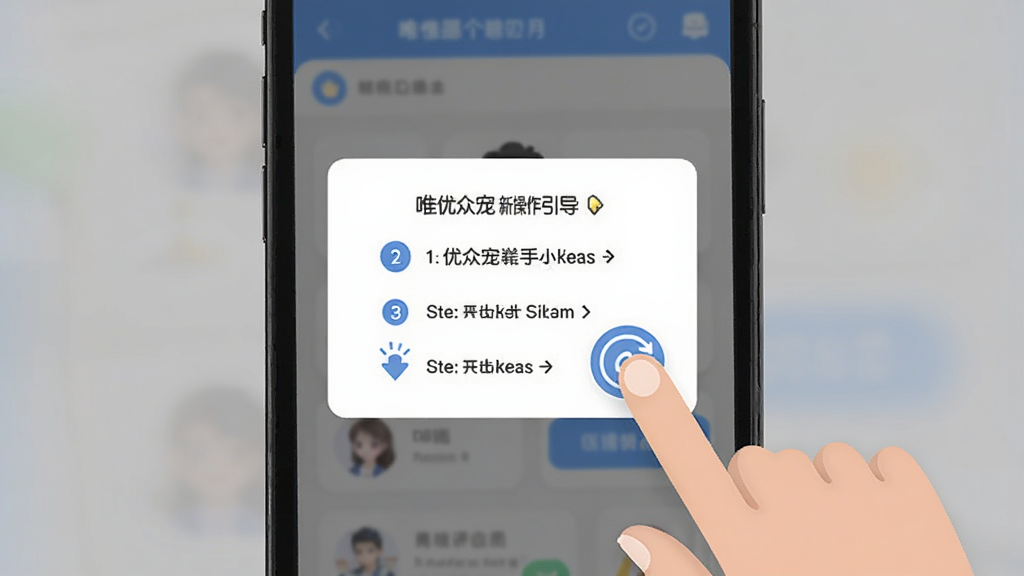 唯优众宠新手操作引导界面,画面展示手机屏幕上带有手指点击提示的教程弹窗,布局为居中弹窗加半透明背景,风格为简洁明快的扁平UI风格,细节包含箭头指示和步骤编号,画质干净清晰,无多余元素