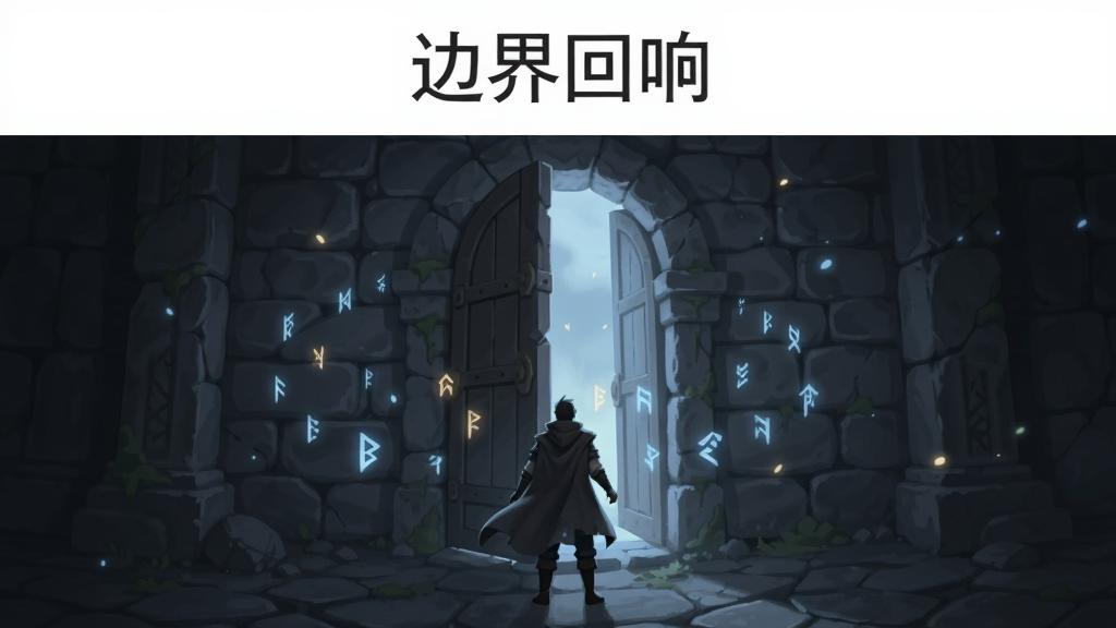 画面中央是一扇半开的石质拱门,门后透出淡蓝色微光,门前站立一位披斗篷的旅人背影,四周漂浮着细碎的发光符文,整体布局为竖向构图,上方留白放置软件名称“边界回响”,风格为暗调幻想插画,细节包括石壁纹理、地面裂纹、飘散的光粒,画质清晰干净,无多余元素