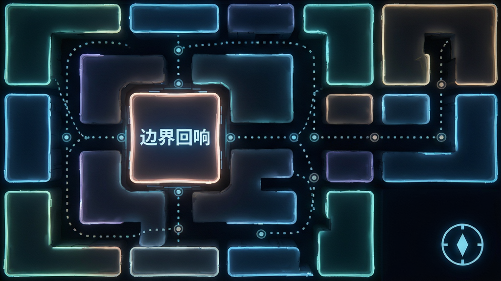 画面为俯视视角的迷宫式地图,由多个发光区块拼接而成,区块之间以虚线连接,其中一个区块被高亮标记并显示软件名称“边界回响”,布局居中偏左,风格为科技感信息图,细节包括区块边缘的微光描边、连接线上的小节点、右下角的方向指示图标,画质干净清晰,无多余元素