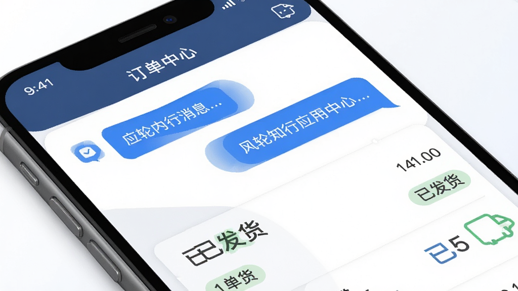 风轮知行应用内消息中心与订单列表界面,主体为手机屏幕特写,布局上下分层,排版清晰,风格简约商务,细节包含蓝色消息气泡、订单状态标签与“已发货”字样,画质干净,无多余元素