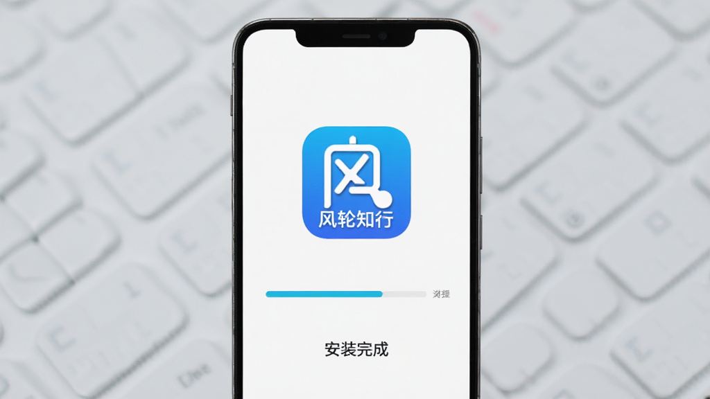 手机屏幕上展示风轮知行应用图标与安装完成界面,主体为一部竖屏安卓手机,布局居中,排版简洁,风格清爽科技感,细节包含蓝色应用图标、安装进度条与“安装完成”字样,画质清晰,干净,无多余元素