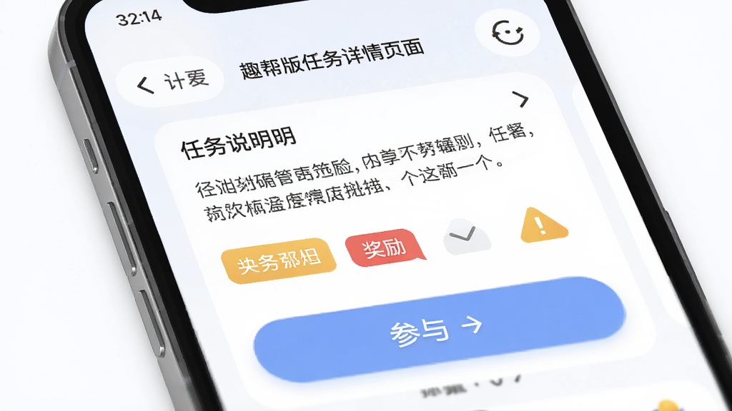 趣帮安卓版任务详情页面,主体为手机屏幕中的任务说明与参与按钮,布局上下结构,排版清晰,风格柔和圆角,细节包含规则文字、奖励标签与提示图标,画质高清,画面干净,无多余元素
