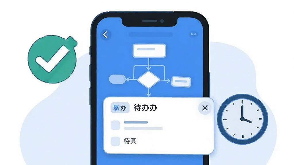 一部手机屏幕显示审批流程图与待办卡片,旁边有对勾和时钟图标,蓝色扁平插画风格,画面干净整洁,主体突出,画质清晰