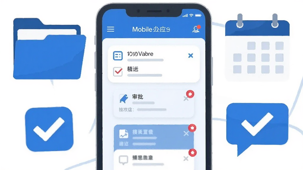 画面中央是一台竖屏智能手机,手机屏幕上展示移动办公应用的主界面,包含待办列表、审批卡片和消息红点,手机周围环绕着文件夹、日历、对话气泡和勾选图标等办公元素,整体采用扁平化插画风格,蓝白配色,布局简洁对称,细节清晰,画质干净,无多余元素,适合软件下载站配图