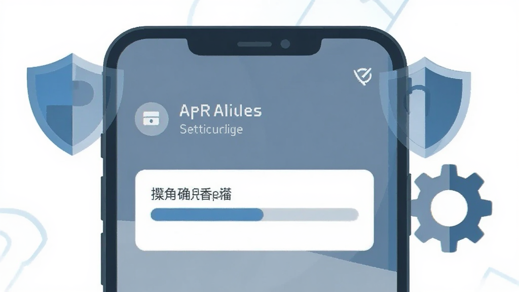 手机屏幕显示应用权限设置界面与安装进度条,旁边有盾牌和齿轮图标,蓝灰色调,扁平插画风格,画面干净,画质清晰