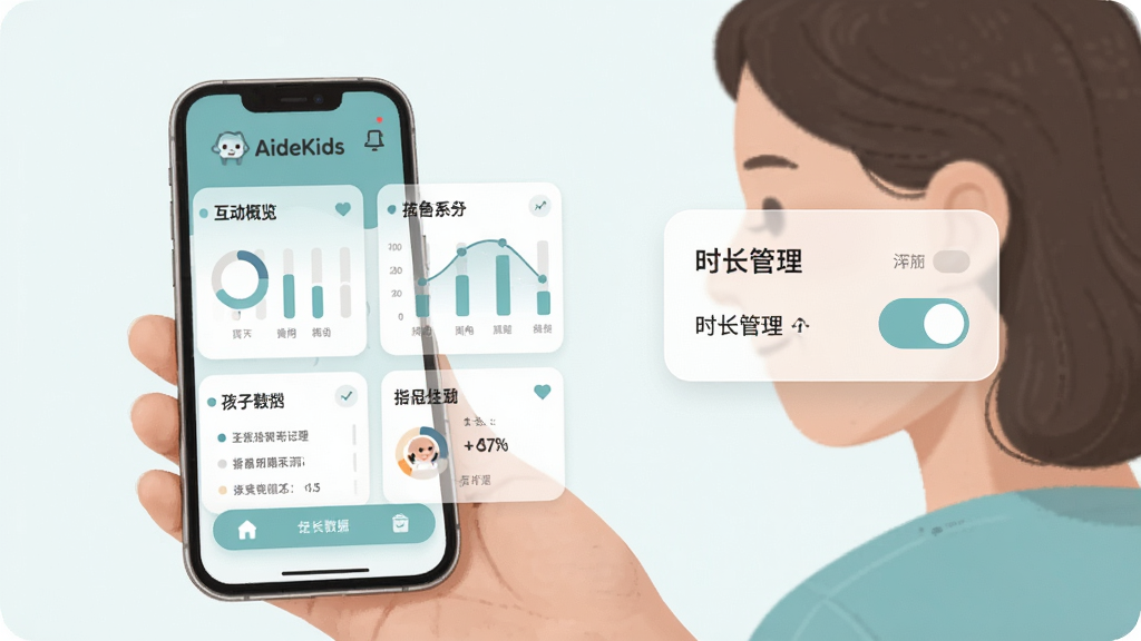 主体为家长通过手机查看儿童使用数据的界面,布局为左右分栏,左侧是孩子互动记录概览,右侧是时长管理开关,排版清晰简洁,风格为现代简约扁平风,细节包含柔和的蓝绿色调、圆角卡片、数据图表与“AideKids”标志,画质干净,无多余元素