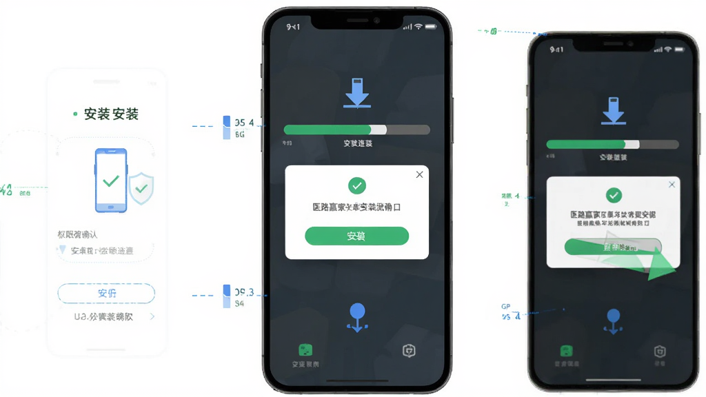 医路赢家安卓版安装流程示意图,主体为手机屏幕展示安装进度条与权限确认弹窗,布局居中,排版分步展示,风格扁平化科技感,细节包含下载箭头与安装按钮,画质清晰干净无多余元素
