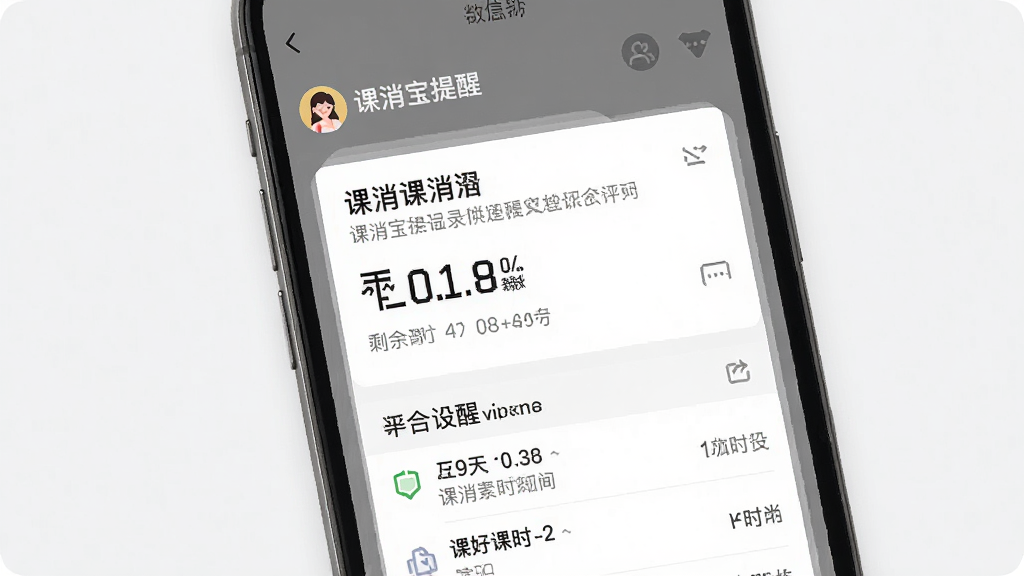 课消宝课消记录推送手机界面展示,画面主体为手机屏幕显示微信公众号课消提醒卡片,布局上下分层上方标题下方明细,排版清晰有序,风格简洁商务,细节包含剩余课时数字与时间信息,画质高清干净无多余元素