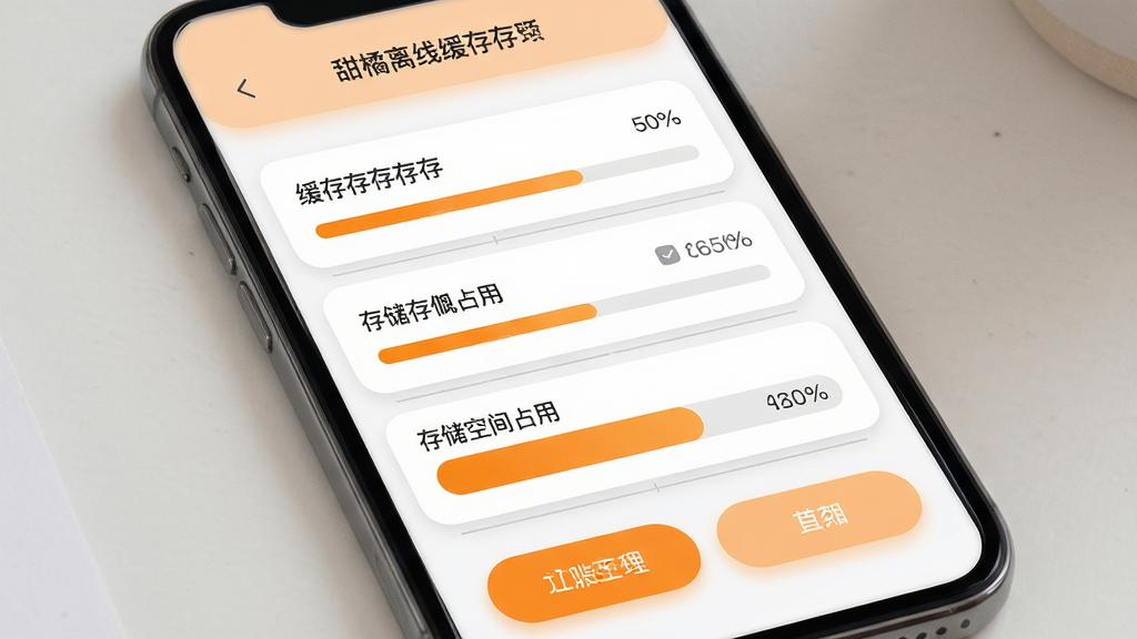 甜橘离线缓存管理页面,主体为手机界面,屏幕内展示缓存列表与存储空间占用条,布局为顶部标题栏、中部列表、底部操作按钮,风格为柔和圆角卡片风,细节包含橙色进度条与灰色分割线,画质高清,画面干净,无多余文字装饰