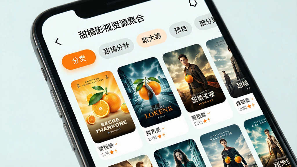 甜橘影视资源聚合界面,主体为手机屏幕特写,屏幕内展示分类标签栏与影片海报网格,布局为顶部横向标签、下方纵向滚动区域,风格为清新浅色系,细节包含橙色高亮选中态与圆角卡片,画质清晰,画面整洁,无杂乱装饰元素