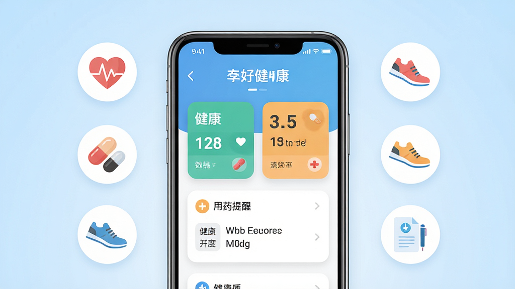 ����Ϊһ�������ֻ�����Ļ����չʾ�Һý���Ӧ����ҳ���棬�����������ݿ�Ƭ����ҩ����ģ�飬��Χ��������ͼ�ꡢҩ��ͼ�ꡢ�˶�Ьͼ������챨��ͼ�꣬����Ϊ���жԳƹ�ͼ���Ű������죬���Ϊ�ִ���ƽ��������App�Ӿ���ϸ�����ֻ�����Բ�Ǳ߿򡢱���Ϊǳ�����䣬���ʸ��塢�ɾ����޶���Ԫ��