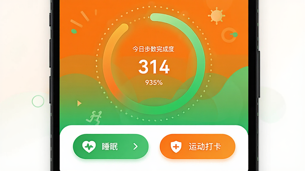 ����Ϊ�Һý����˶���ҳ�棬����Ϊ�Ϸ�Բ�ν��Ȼ�չʾ���ղ�����ɶȡ��·�����˯�����˶��򿨰�ť���Ű�Ϊ���½ṹ�����Ϊ����������ɫ��ƽ��ƣ�ϸ���Ͻ��Ȼ��������Ч����ťΪԲ�ǽ����Σ����ʸ��塢�ɾ����޶���Ԫ��