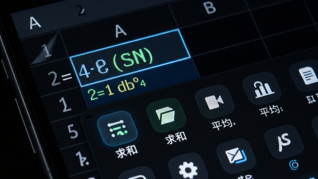 移动excel表格应用内公式编辑界面特写,手机屏幕上显示一个单元格正在输入等号与函数名,下方弹出函数选择面板,面板中有求和、平均值等图标,背景为深色模式界面,风格为科技感暗色主题,细节包括发光的函数图标与清晰的单元格引用高亮,画质锐利,画面干净,无多余元素