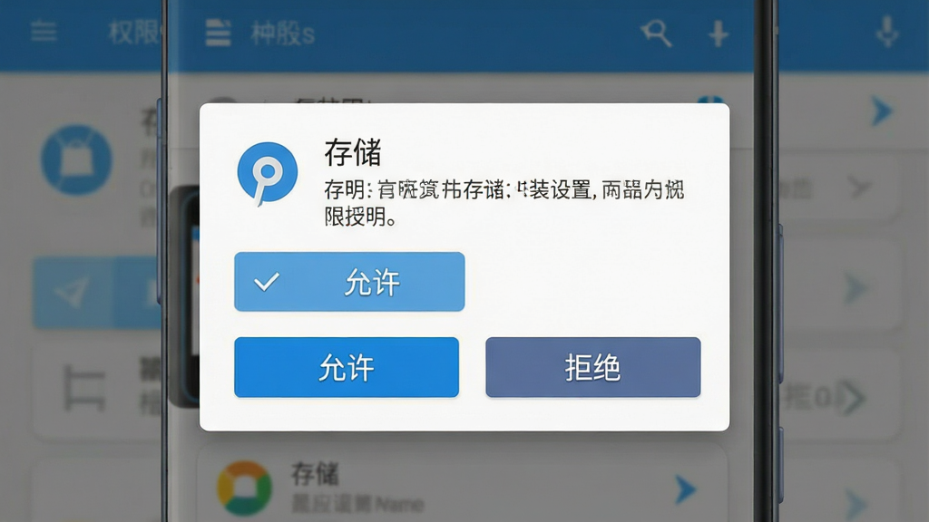 一张展示安卓手机安装应用时权限设置界面的示意图,主体为手机屏幕内的权限授权弹窗,布局上弹窗居中,包含“存储”“允许”“拒绝”等按钮元素,排版简洁明了,风格为系统原生设置界面风格,细节包含权限图标、说明文字与高亮按钮,画质清晰,画面干净,无多余元素