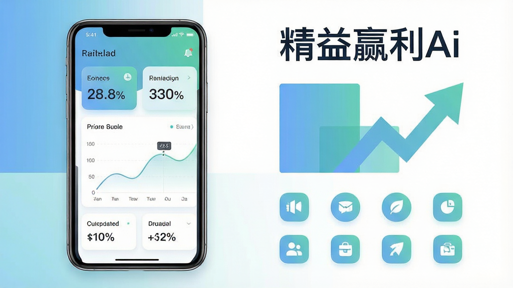 一张展示精益赢利Ai软件界面的产品主视觉图,主体为居中放置的智能手机,屏幕内呈现经营数据看板与盈利曲线图表,布局上手机位于画面中央偏左,右侧留白区域放置简洁的几何色块与上升箭头元素,排版采用上下分层结构,上方为软件名称“精益赢利Ai”字样,下方为功能图标阵列,风格为现代商务扁平化设计,细节包含柔和的蓝绿渐变配色、圆角卡片式数据模块、清晰的数据标签与百分比数值,画质高清,画面干净,无多余元素